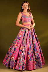 Pink and Purple Silk Floral Printed Designer Lehenga with Mirror Work